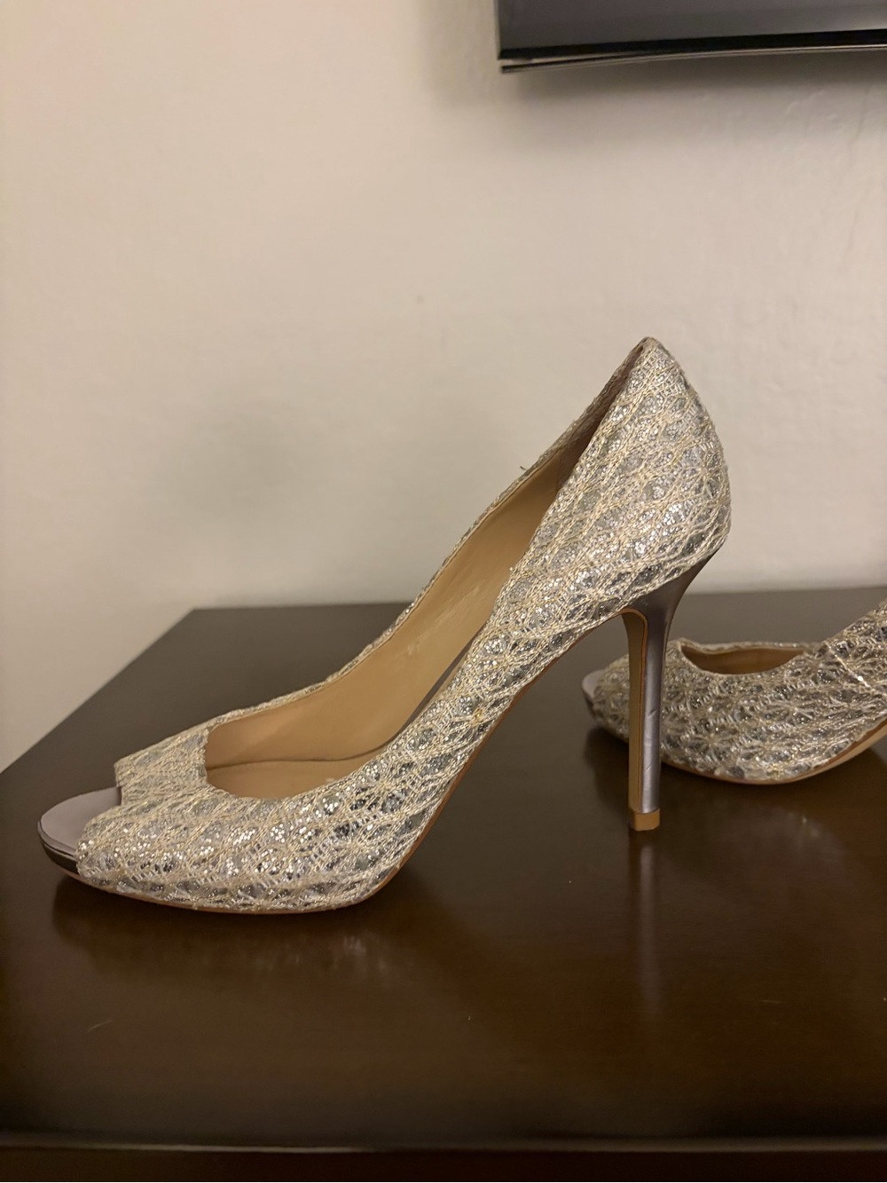 Enzo Angiolini Silver Glitter Peep-Toe Stilettos